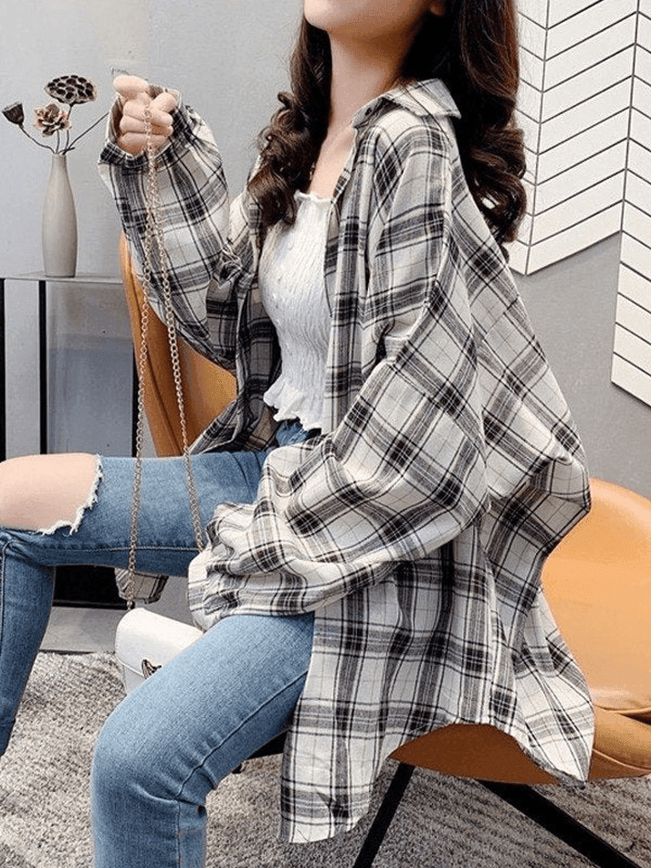 Checkered Baggy Long Sleeve Button Blouse - AnotherChill
