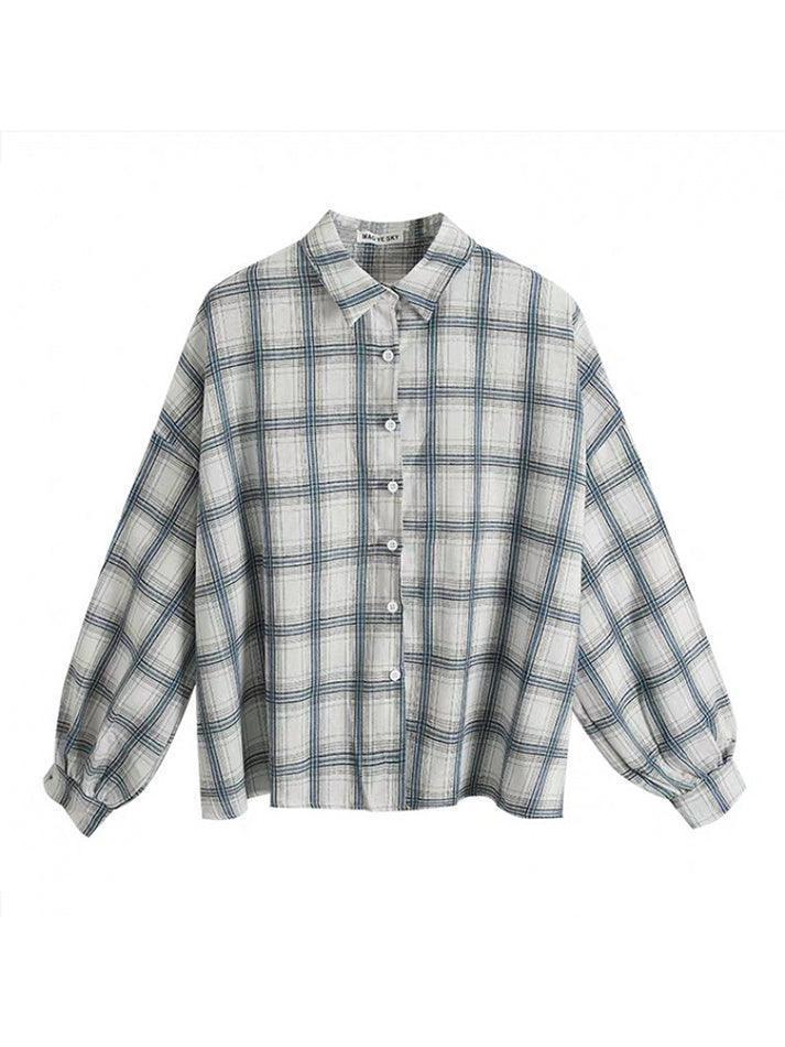 Checkered Puff Sleeve Button Blouse - AnotherChill