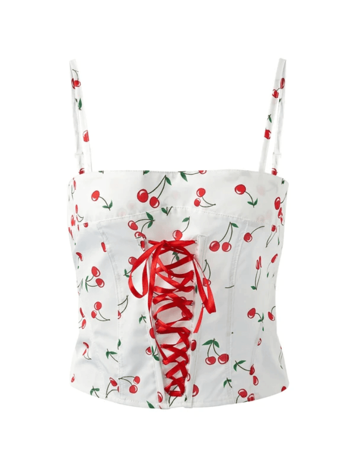 Cherry Print Buckle Lace Up Cami Top - AnotherChill
