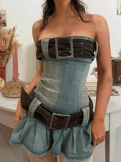 Chunky Belted Strapless Denim Mini Dress - AnotherChill