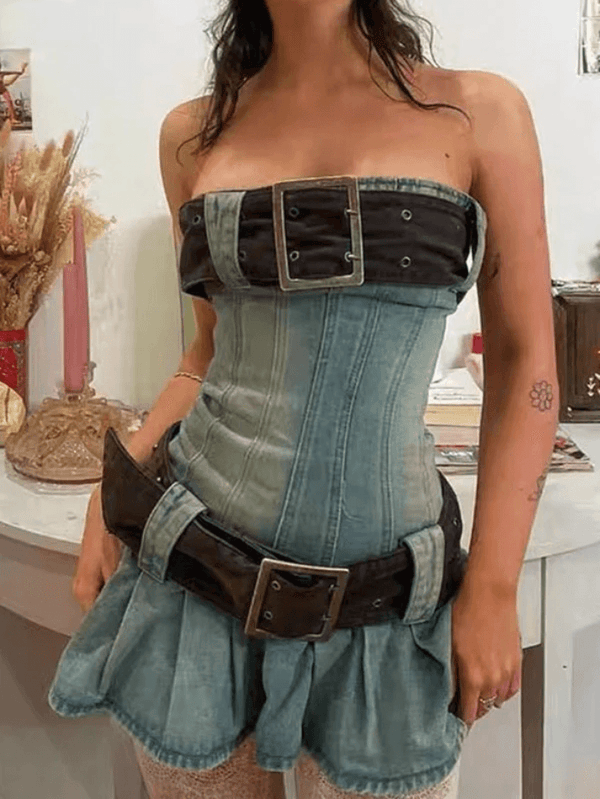 Chunky Belted Strapless Denim Mini Dress - AnotherChill