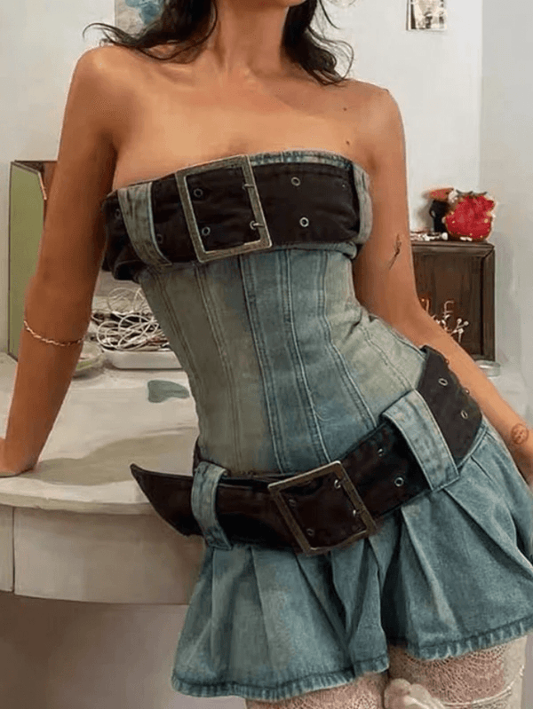Chunky Belted Strapless Denim Mini Dress - AnotherChill