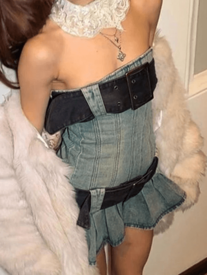 Chunky Belted Strapless Denim Mini Dress - AnotherChill
