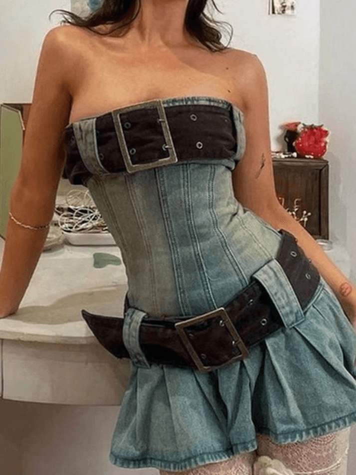 Chunky Belted Strapless Denim Mini Dress - AnotherChill