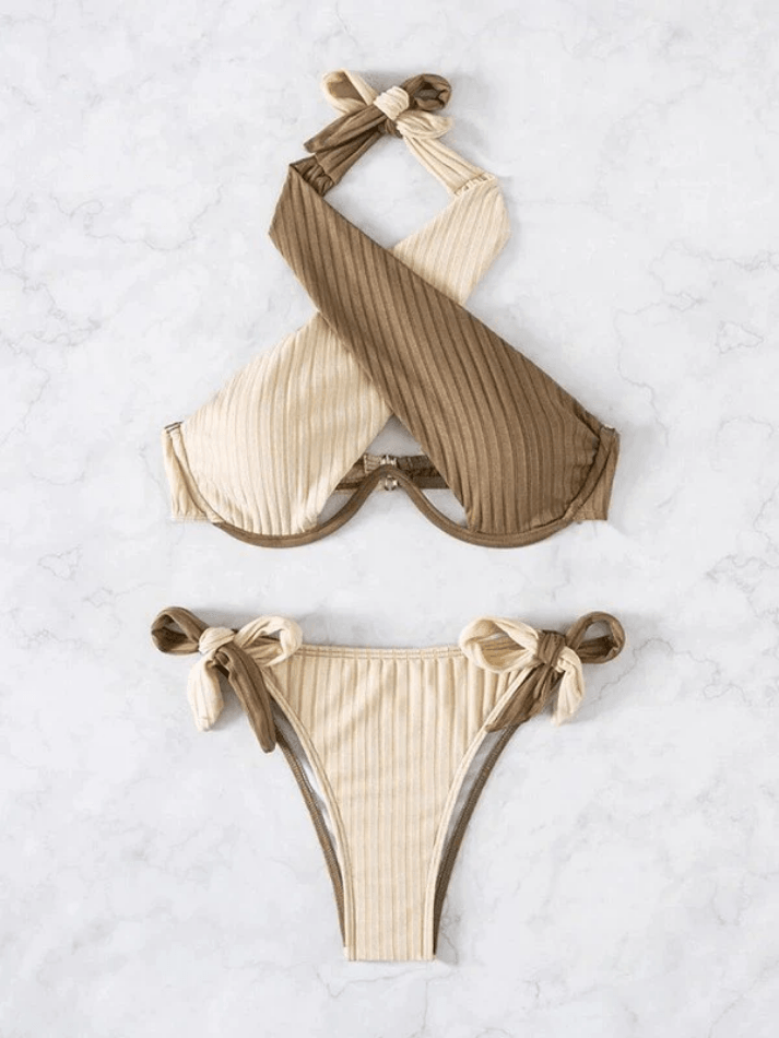 Color Block Cross Over Ribbed Bikini Set - AnotherChill