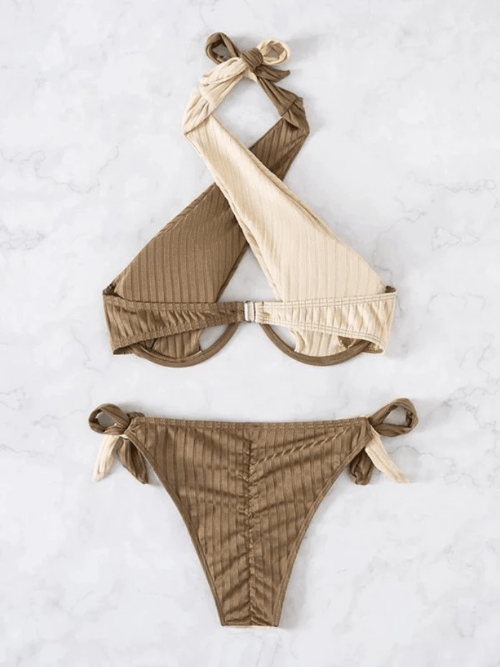 Color Block Cross Over Ribbed Bikini Set - AnotherChill