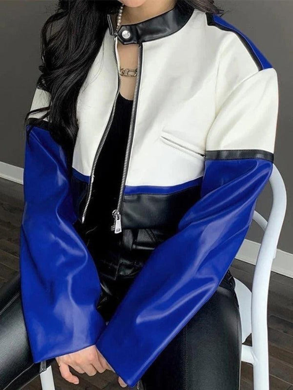 Color Block Pu Leather Cropped Moto Jacket - AnotherChill