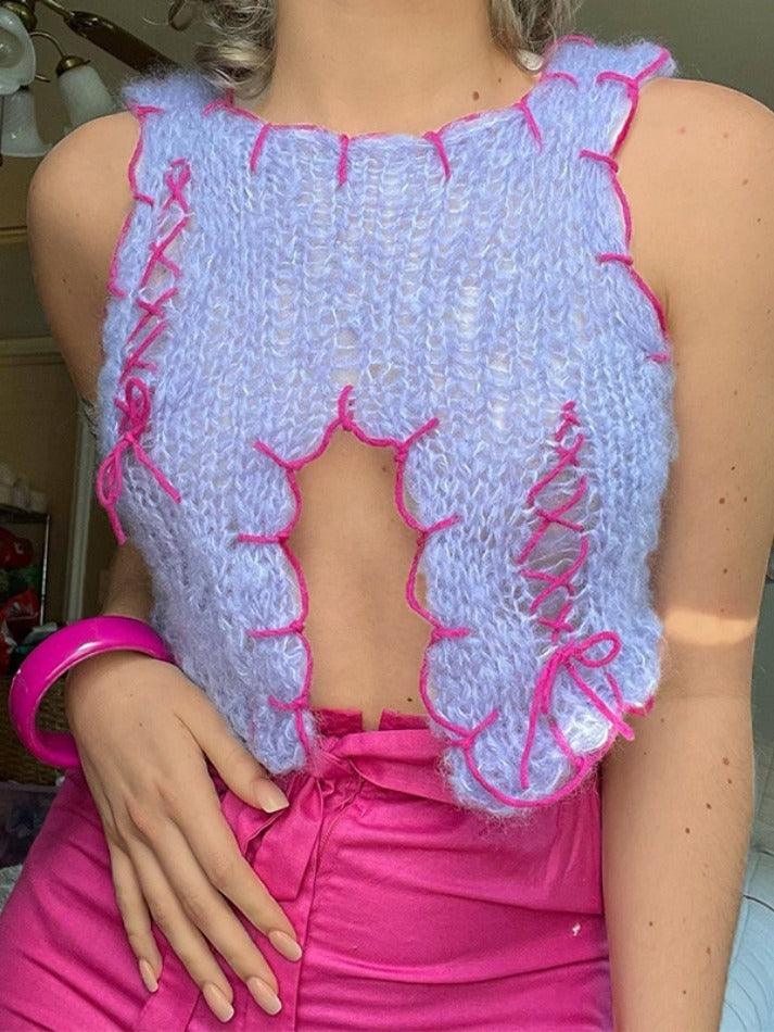 Contrast Color Slit Cutout Crochet Top - AnotherChill