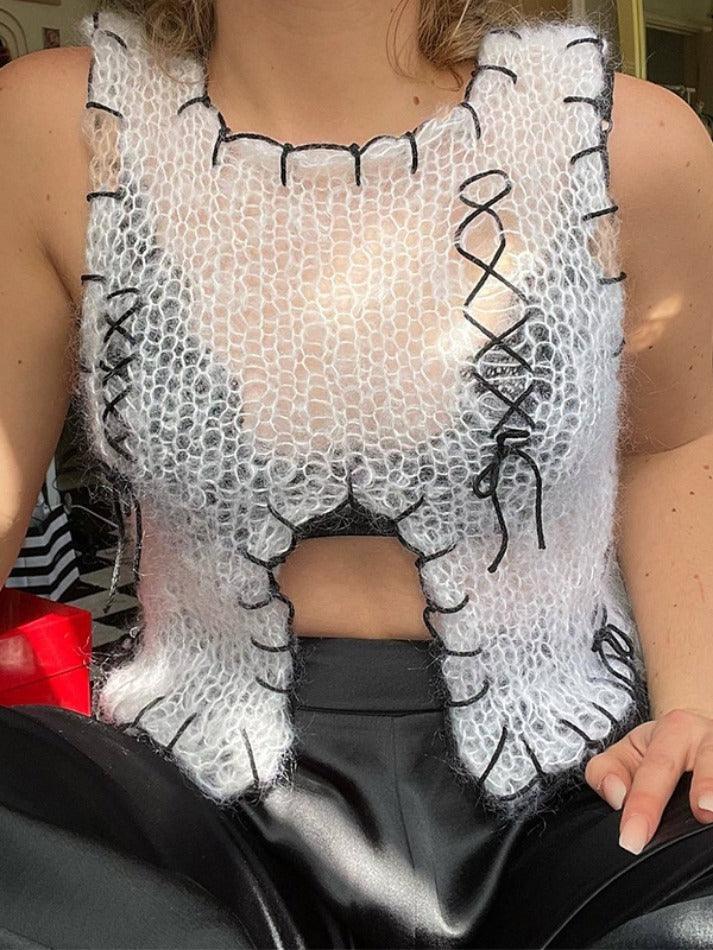 Contrast Color Slit Cutout Crochet Top - AnotherChill