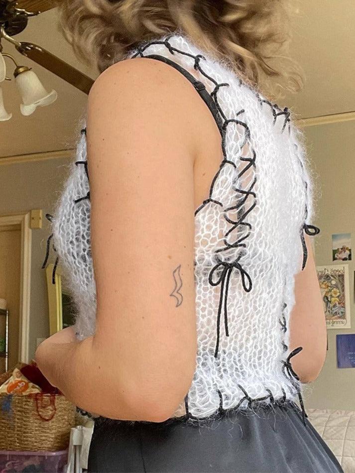 Contrast Color Slit Cutout Crochet Top - AnotherChill
