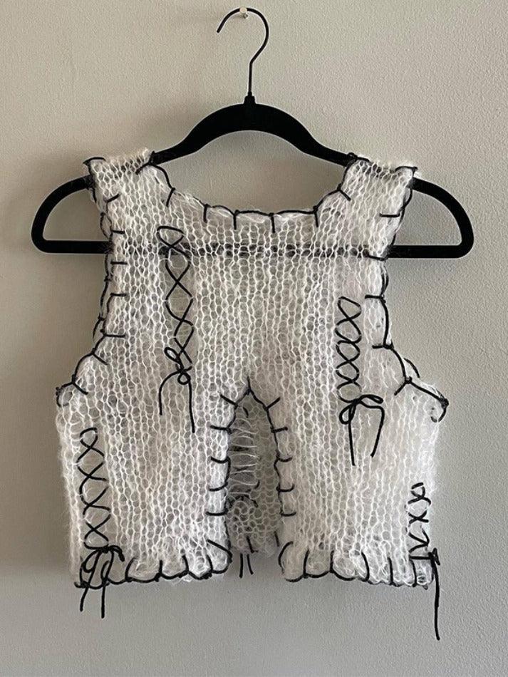 Contrast Color Slit Cutout Crochet Top - AnotherChill