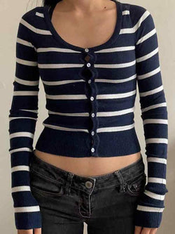 Contrast Color Stripe Button Up Long Sleeve Knit - AnotherChill