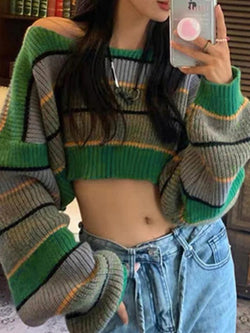 Contrast Color Stripe Loose Crop Sweater - AnotherChill