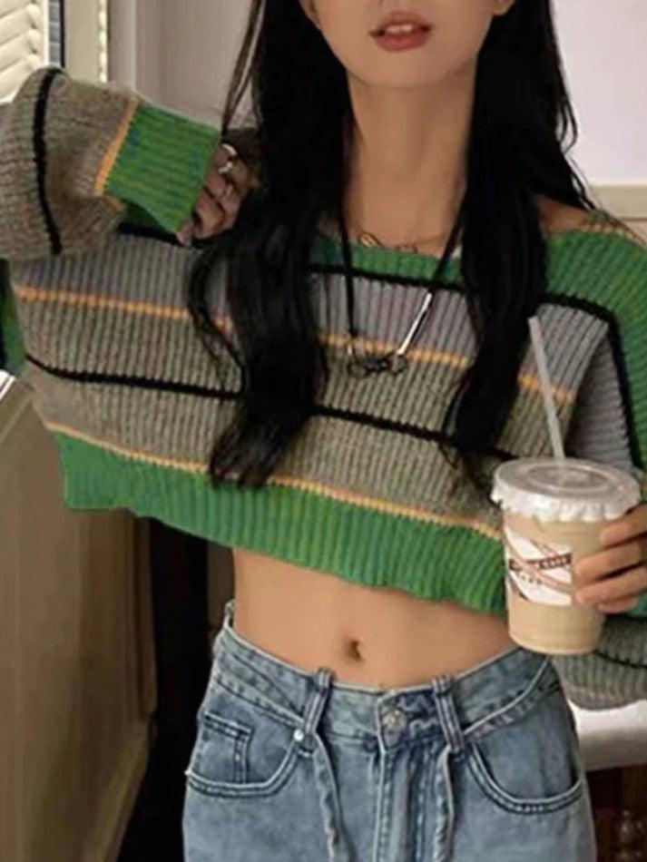 Contrast Color Stripe Loose Crop Sweater - AnotherChill
