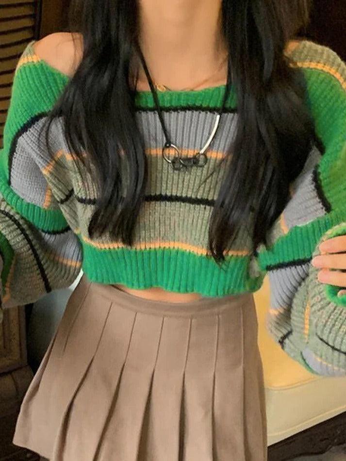 Contrast Color Stripe Loose Crop Sweater - AnotherChill