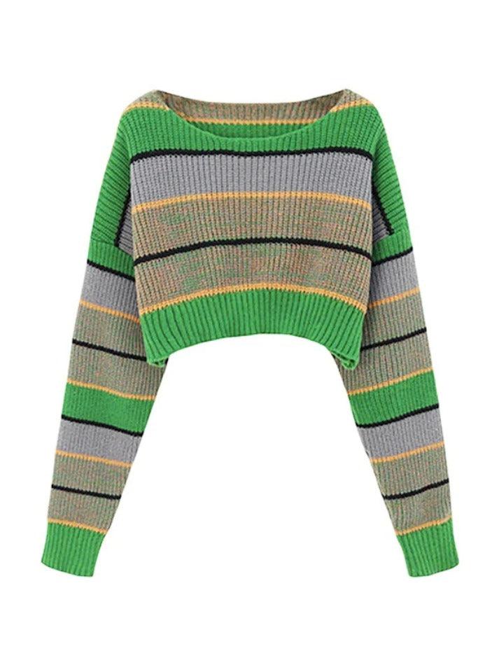 Contrast Color Stripe Loose Crop Sweater - AnotherChill