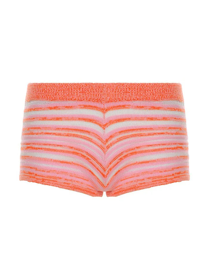 Contrast Knit Short Sleeve Low-Waist Shorts Set - AnotherChill