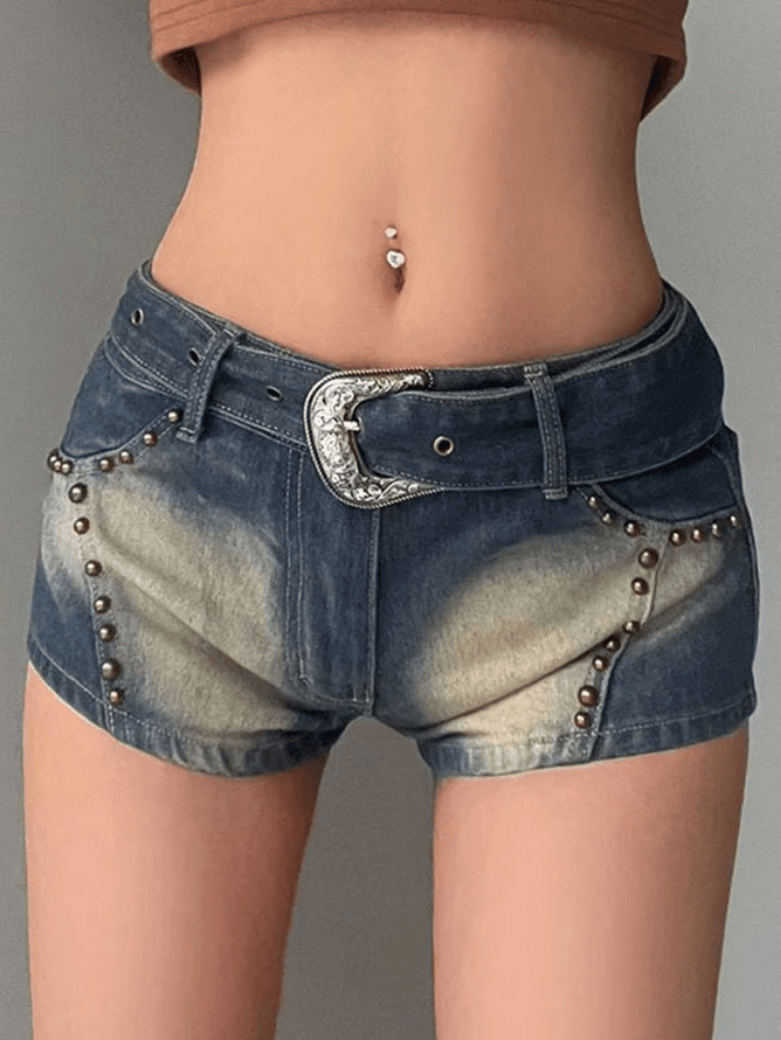 Contrast Metal Stud Denim Shorts - AnotherChill