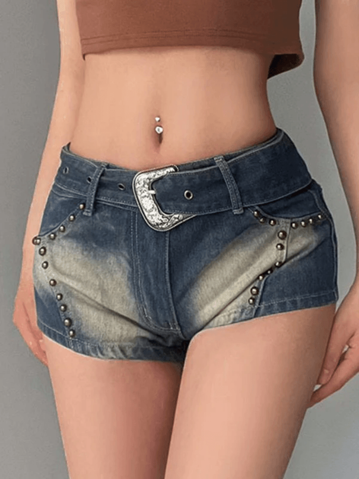 Contrast Metal Stud Denim Shorts - AnotherChill