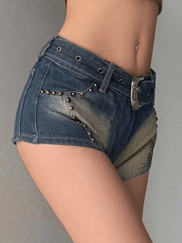 Contrast Metal Stud Denim Shorts - AnotherChill