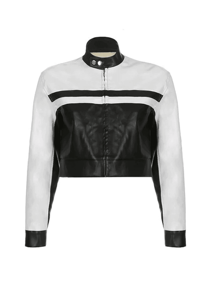 Contrast Pu Leather Cropped Moto Jacket - AnotherChill