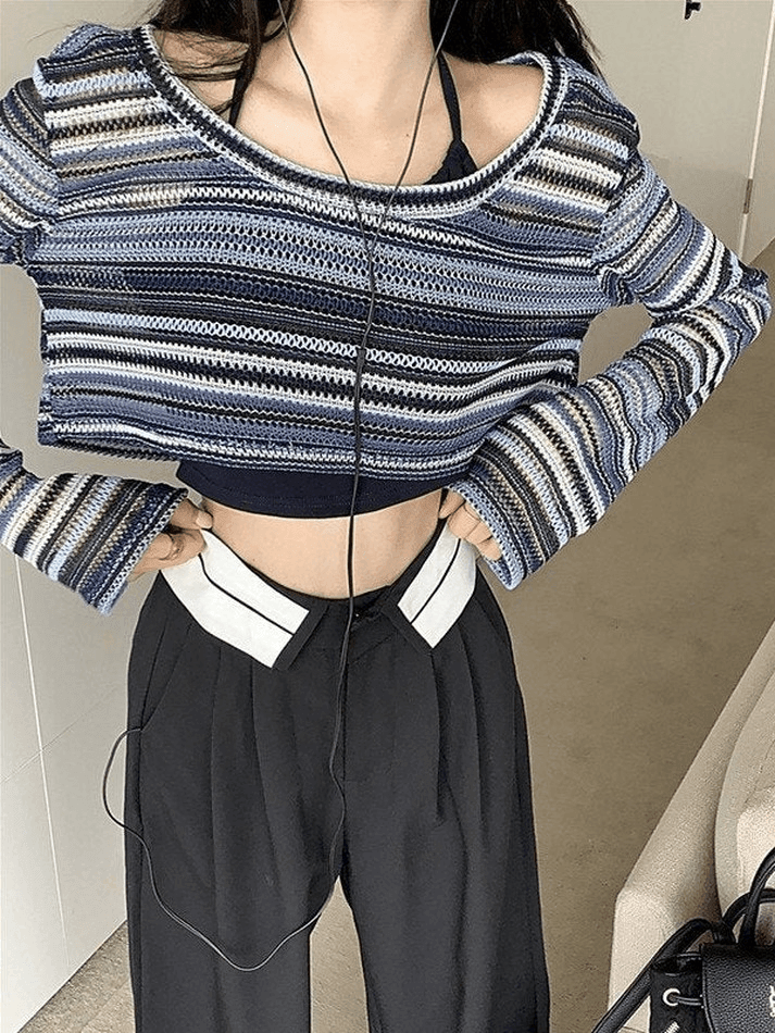 Contrast Striped Crochet Knit Crop Top - AnotherChill
