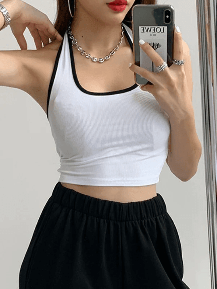 Contrast Trim Cropped Halter Tank Top - AnotherChill
