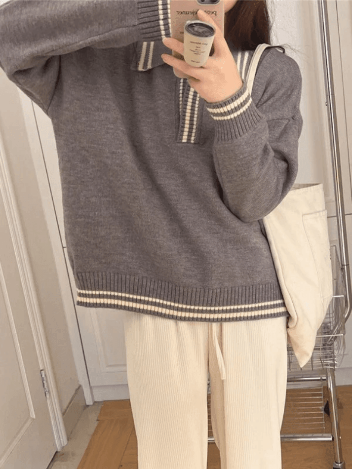 Contrast Trim Pullover Sweater - AnotherChill