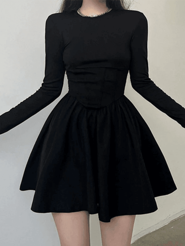 Corset Detail Black Long Sleeve Mini Dress - AnotherChill