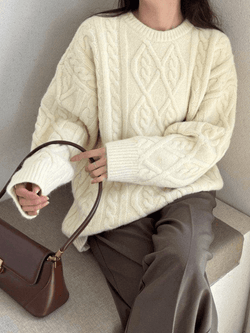 Crew Neck Cable Knit Pullover Sweater - AnotherChill