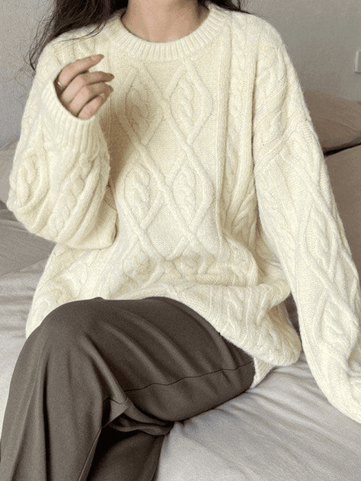 Cable Knit Textured Crew Neck Sweater Top