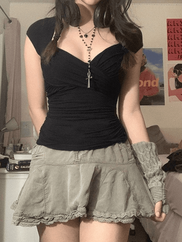 Criss Cross Ruched V Neck Tee - AnotherChill