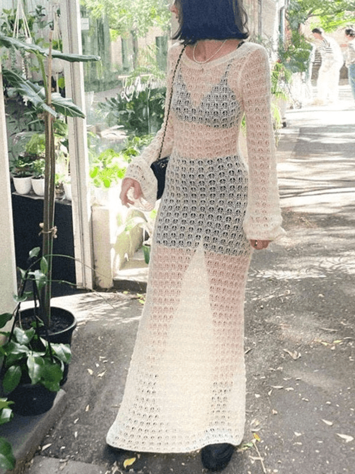 Crochet Hollow Backless Long Sleeve Cover Up Maxi Dress - AnotherChill