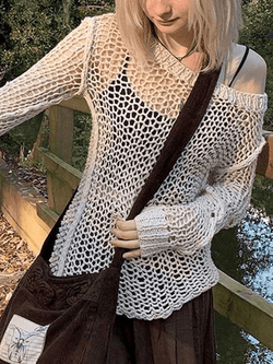Crochet Hollow Long Sleeve Knit Top - AnotherChill