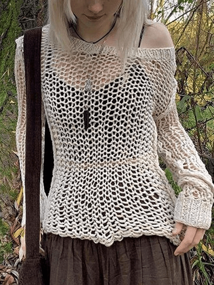 Crochet Hollow Long Sleeve Knit Top - AnotherChill
