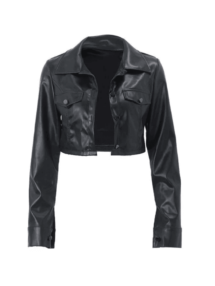 Cropped Black Faux Leather Biker Jacket - AnotherChill