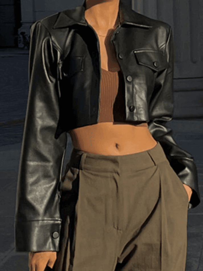 Vintage Look Faux Leather Crop Biker Jacket