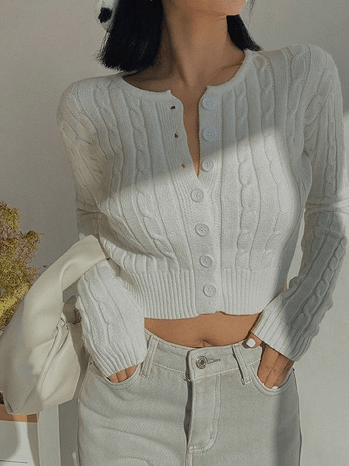 Cropped Button Cable Knit Cardigan - AnotherChill