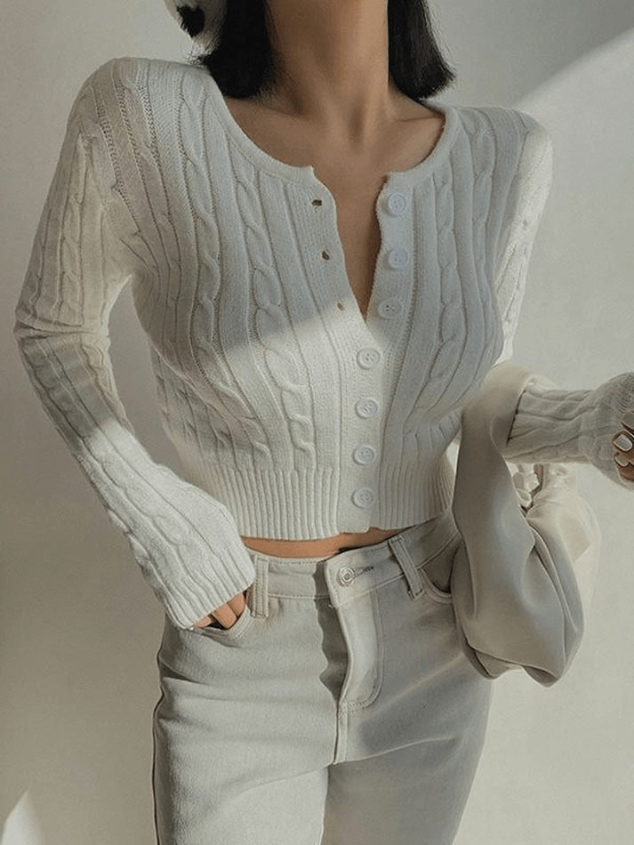 Cropped Button Cable Knit Cardigan - AnotherChill