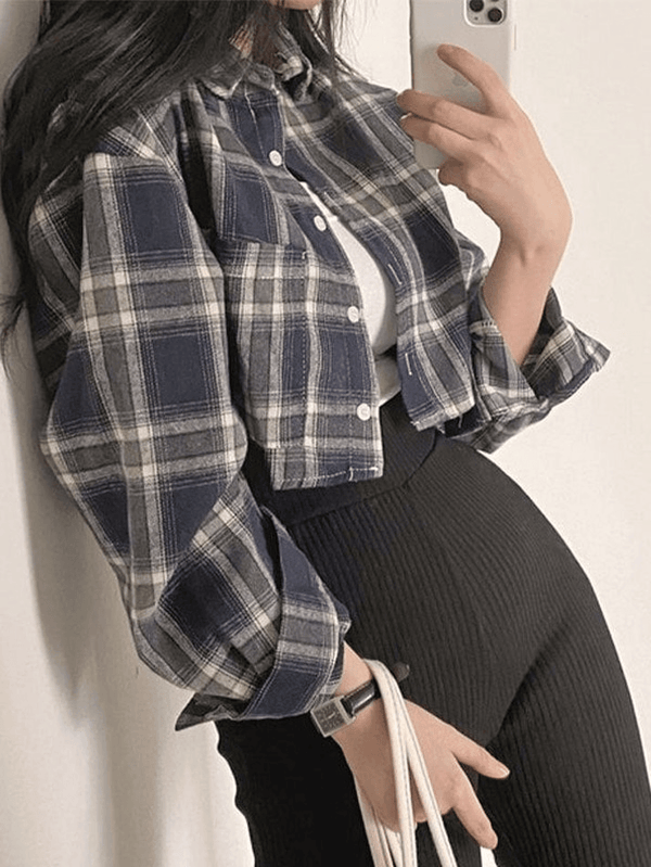 Cropped Long Sleeve Checkered Blouse AnotherChill