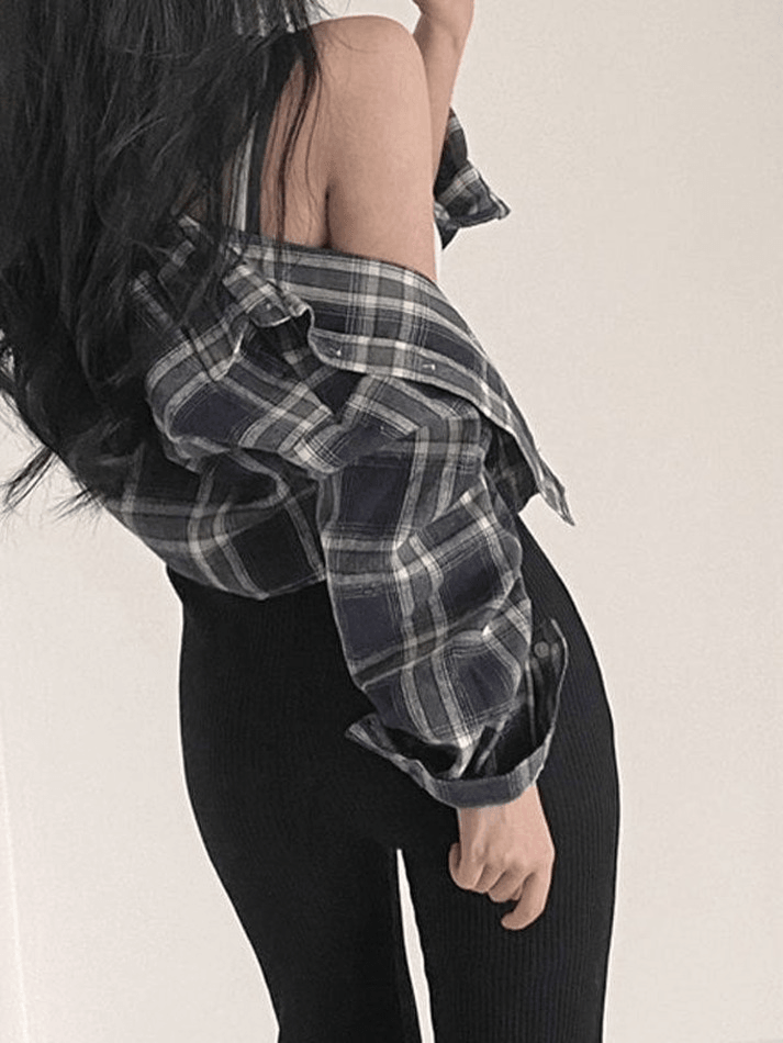 Cropped Long Sleeve Checkered Blouse AnotherChill