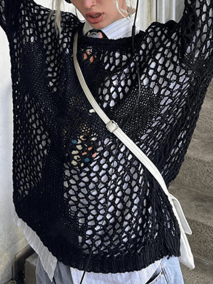 Cross Pattern Crochet Hollow Long Sleeve Knit Top - AnotherChill