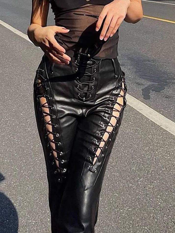Cut-out Lace Up Pu Leather Pants - AnotherChill