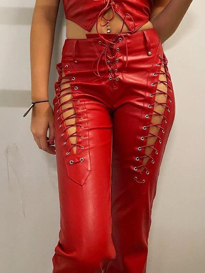 Cut-out Lace Up Pu Leather Pants - AnotherChill