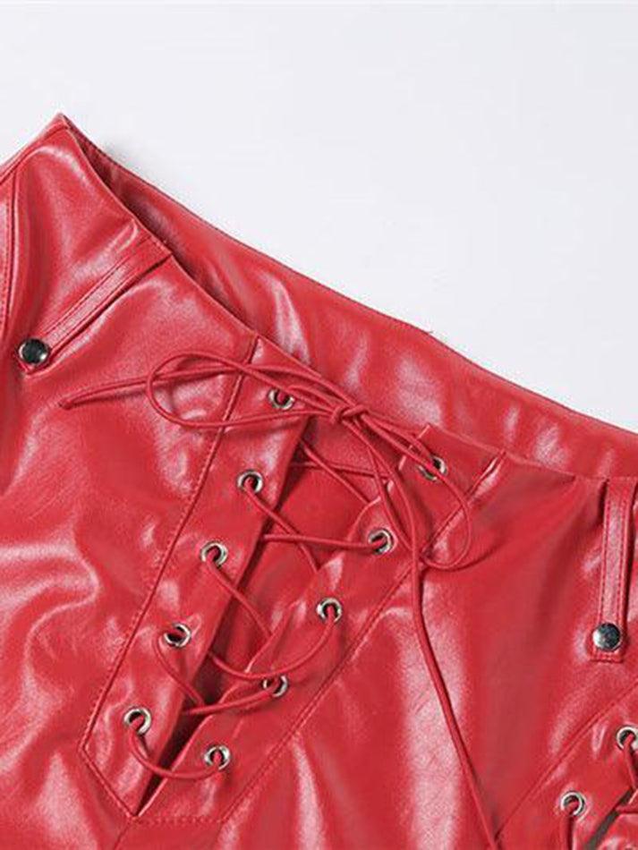 Red Lace Up Faux Leather Cut Out Flared Pants
