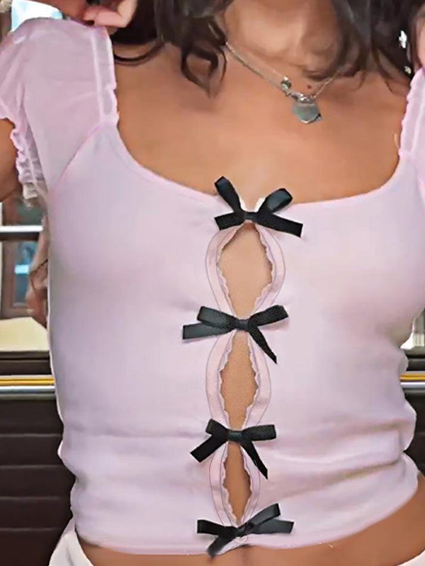 Cute Bowknot Decor Hollow Out Shirts - AnotherChill