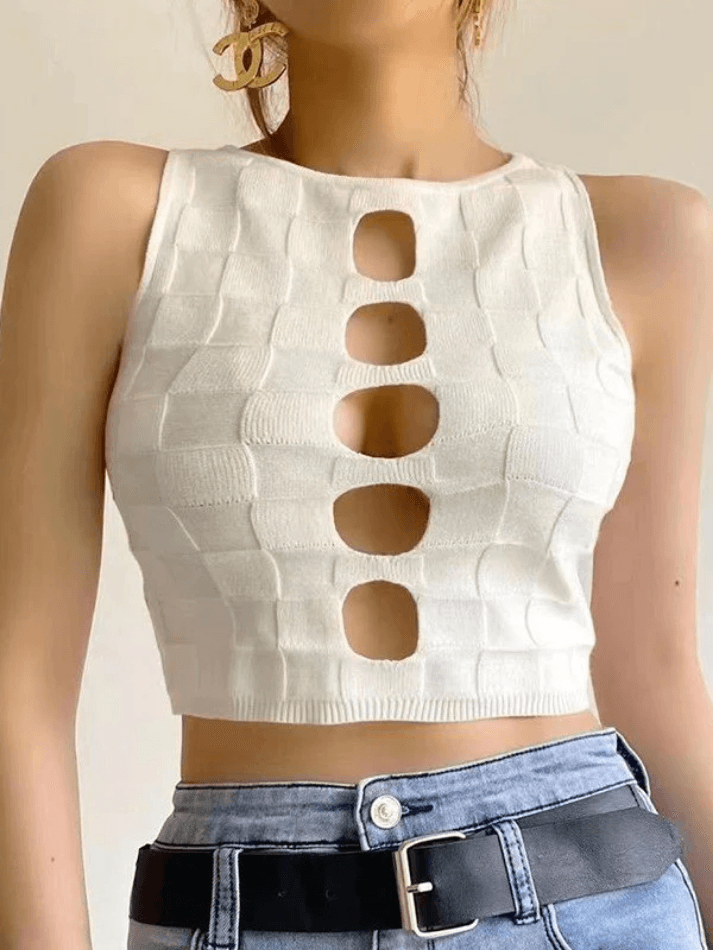 Cutout Checkered Knit Cropped Tank Top - AnotherChill