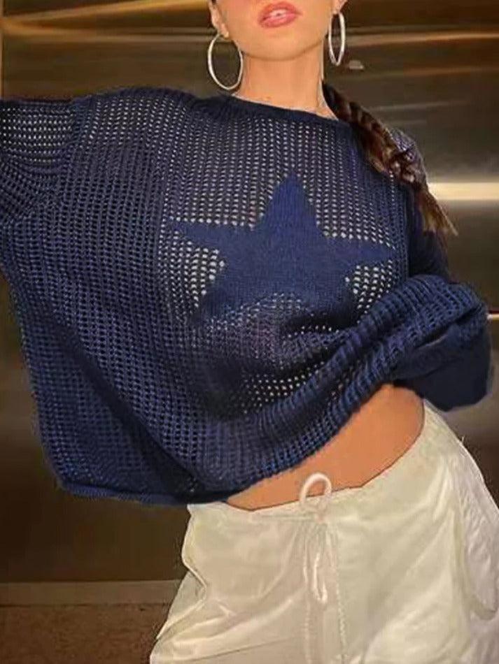 Cutout Star Print Loose Sweater - AnotherChill