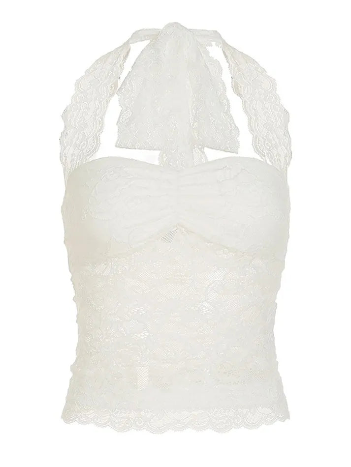 Solid Sheer Lace Halter TieTank Top