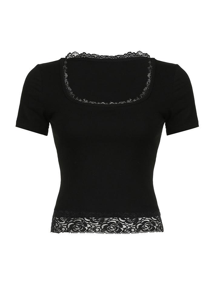 Lace Trim Splice Square Neck Crop Short Sleeve Tee - AnotherChill